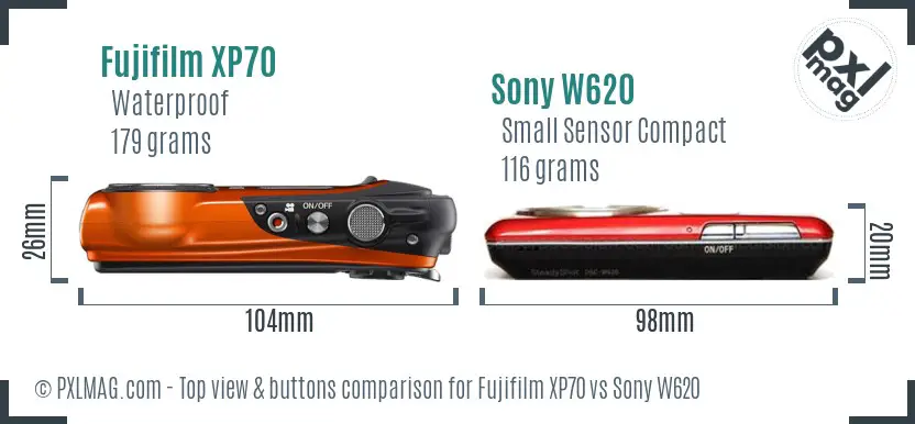 Fujifilm XP70 vs Sony W620 top view buttons comparison