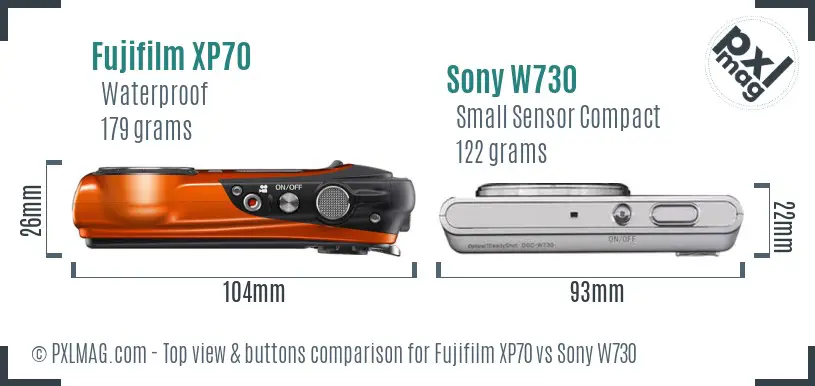 Fujifilm XP70 vs Sony W730 top view buttons comparison Fujifilm XP70 vs Sony W730 top view buttons comparison