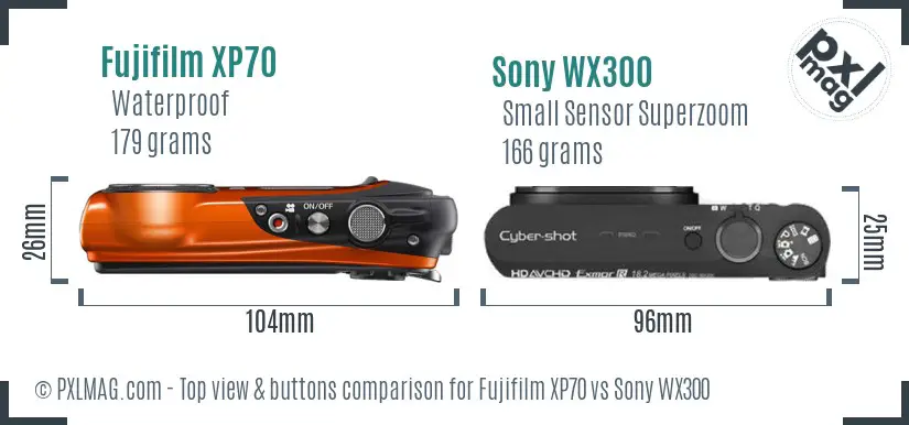 Fujifilm XP70 vs Sony WX300 top view buttons comparison