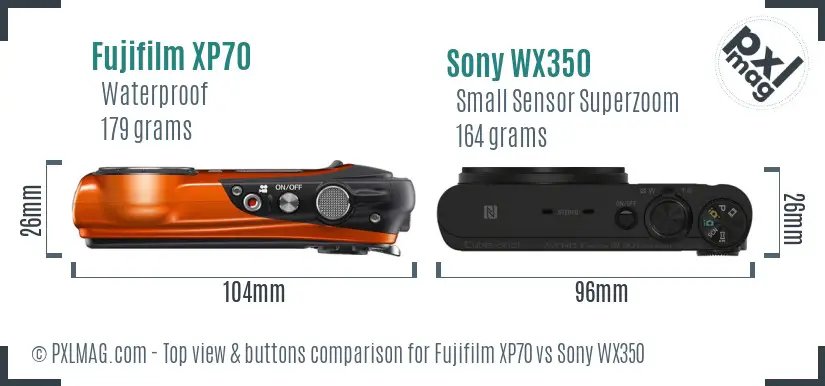 Fujifilm XP70 vs Sony WX350 top view buttons comparison