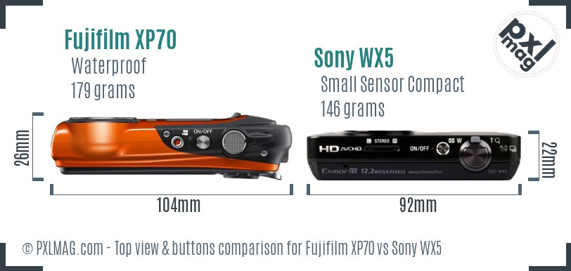 Fujifilm XP70 vs Sony WX5 top view buttons comparison