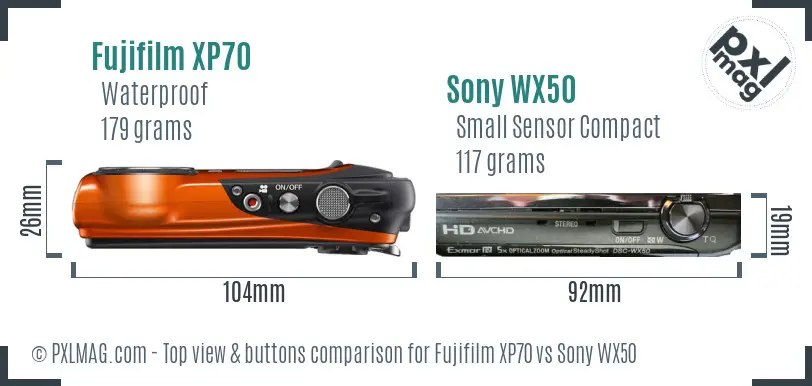 Fujifilm XP70 vs Sony WX50 top view buttons comparison