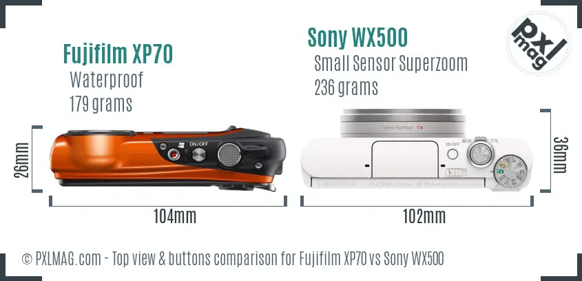 Fujifilm XP70 vs Sony WX500 top view buttons comparison