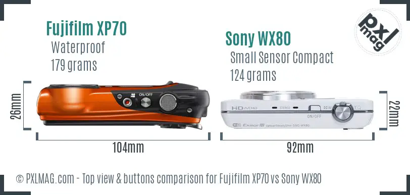 Fujifilm XP70 vs Sony WX80 top view buttons comparison Fujifilm XP70 vs Sony WX80 top view buttons comparison