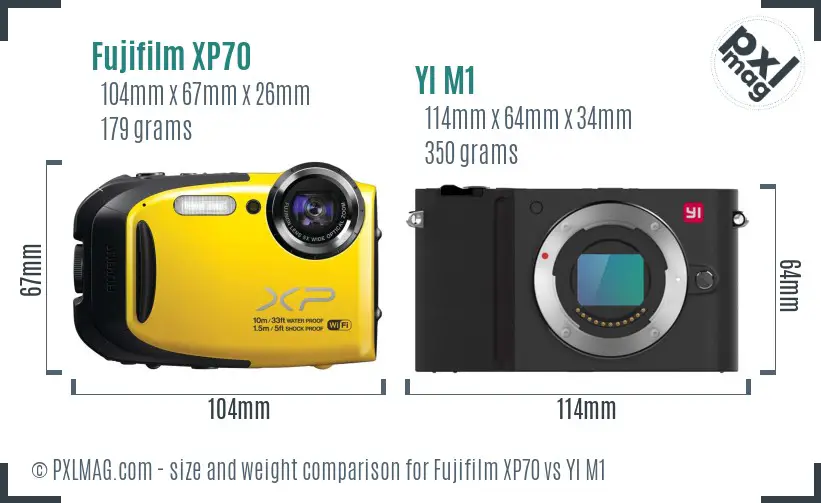 Fujifilm XP70 vs YI M1 size comparison