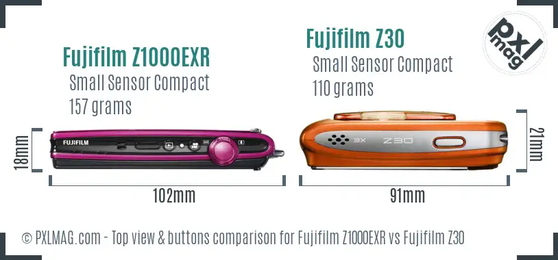 Fujifilm Z1000EXR vs Fujifilm Z30 top view buttons comparison