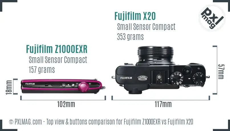 Fujifilm Z1000EXR vs Fujifilm X20 top view buttons comparison