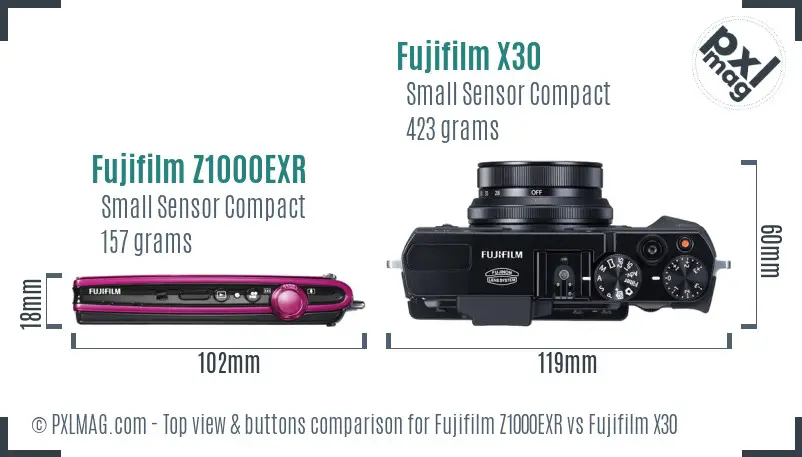 Fujifilm Z1000EXR vs Fujifilm X30 top view buttons comparison