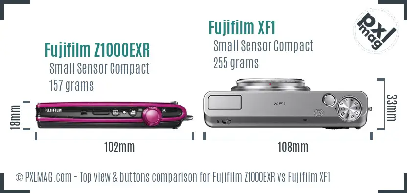 Fujifilm Z1000EXR vs Fujifilm XF1 top view buttons comparison