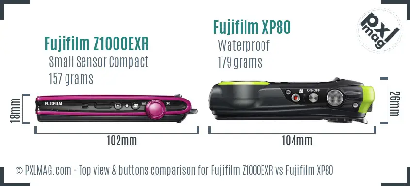 Fujifilm Z1000EXR vs Fujifilm XP80 top view buttons comparison