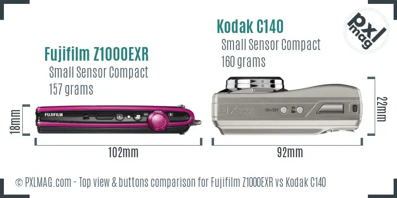 Fujifilm Z1000EXR vs Kodak C140 top view buttons comparison Fujifilm Z1000EXR vs Kodak C140 top view buttons comparison