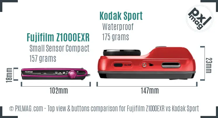 Fujifilm Z1000EXR vs Kodak Sport top view buttons comparison Fujifilm Z1000EXR vs Kodak Sport top view buttons comparison