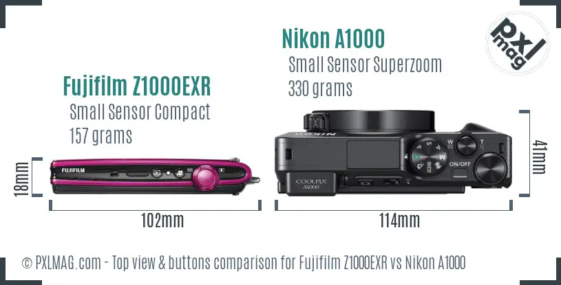 Fujifilm Z1000EXR vs Nikon A1000 top view buttons comparison