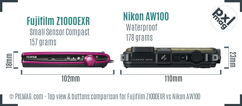 Fujifilm Z1000EXR vs Nikon AW100 top view buttons comparison