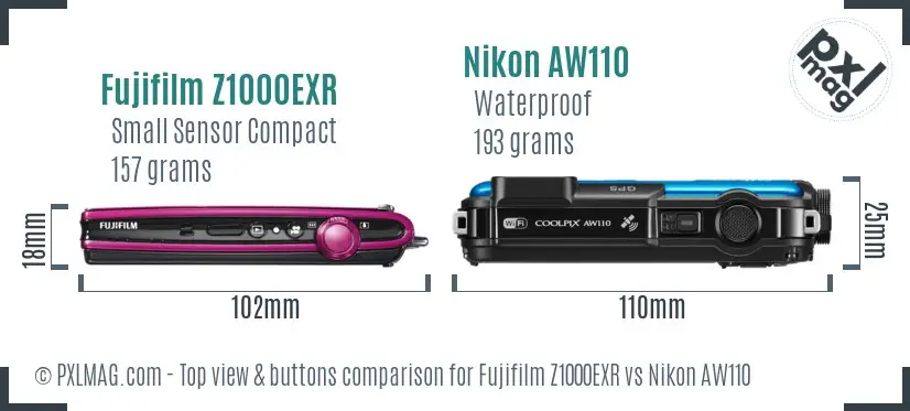 Fujifilm Z1000EXR vs Nikon AW110 top view buttons comparison Fujifilm Z1000EXR vs Nikon AW110 top view buttons comparison