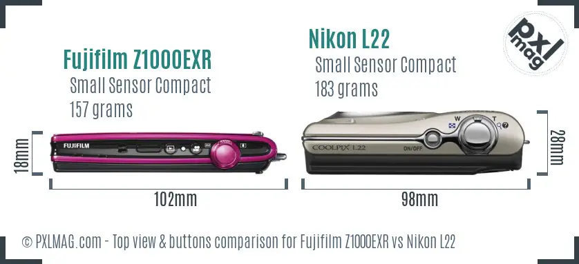 Fujifilm Z1000EXR vs Nikon L22 top view buttons comparison Fujifilm Z1000EXR vs Nikon L22 top view buttons comparison