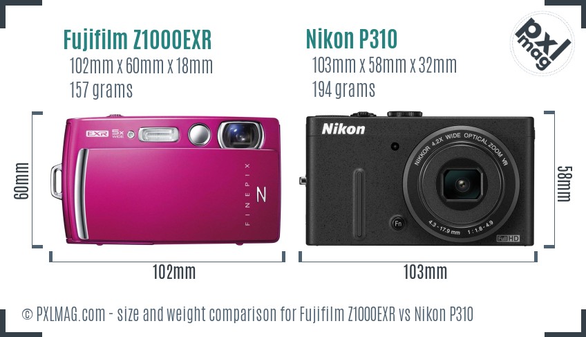 Fujifilm Z1000EXR vs Nikon P310 size comparison