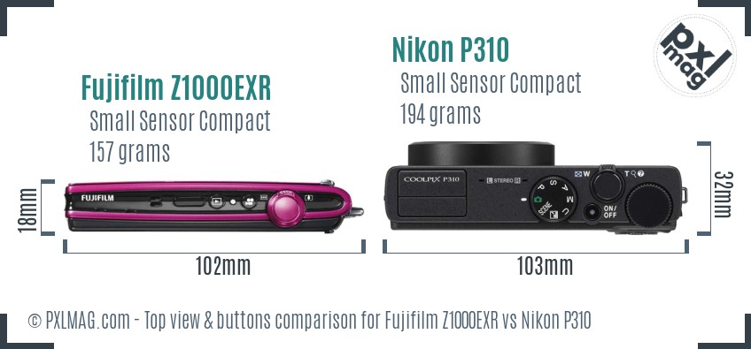 Fujifilm Z1000EXR vs Nikon P310 top view buttons comparison