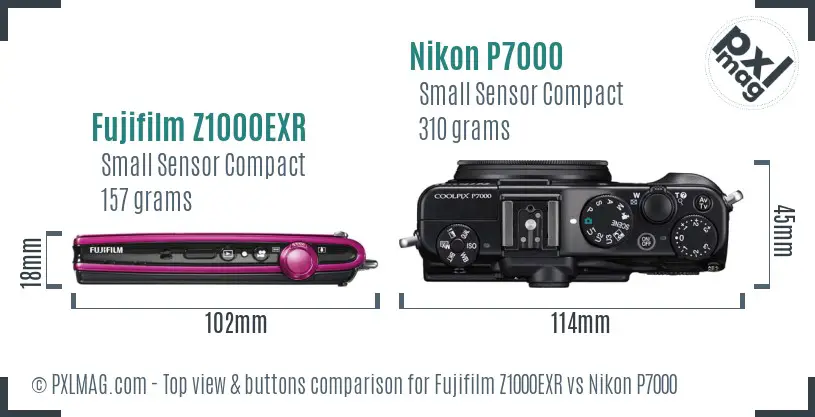 Fujifilm Z1000EXR vs Nikon P7000 top view buttons comparison