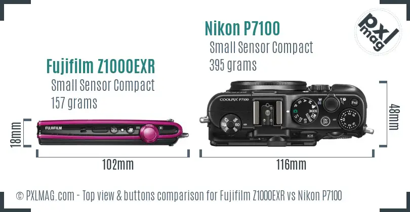 Fujifilm Z1000EXR vs Nikon P7100 top view buttons comparison