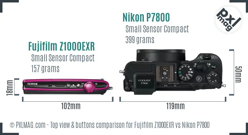Fujifilm Z1000EXR vs Nikon P7800 top view buttons comparison
