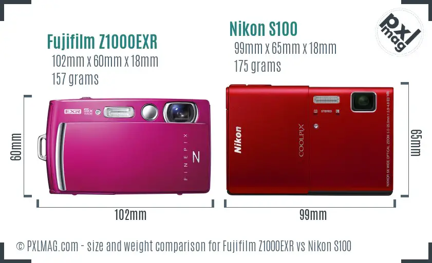 Fujifilm Z1000EXR vs Nikon S100 size comparison