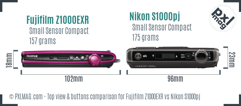 Fujifilm Z1000EXR vs Nikon S1000pj top view buttons comparison