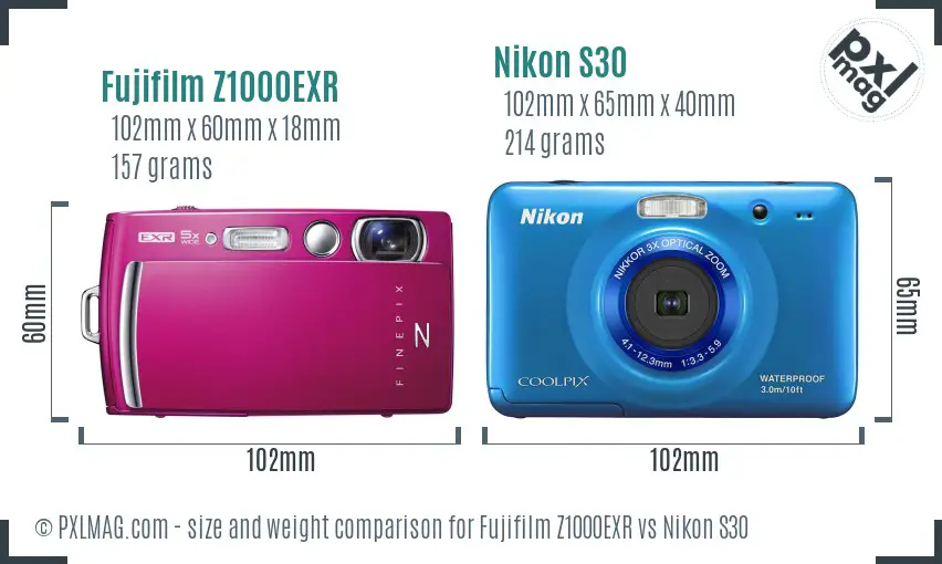 Fujifilm Z1000EXR vs Nikon S30 size comparison