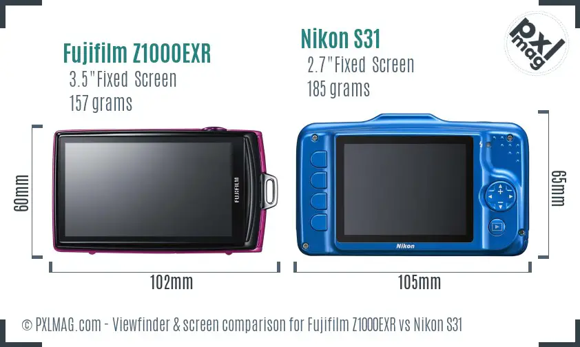 Fujifilm Z1000EXR vs Nikon S31 Screen and Viewfinder comparison
