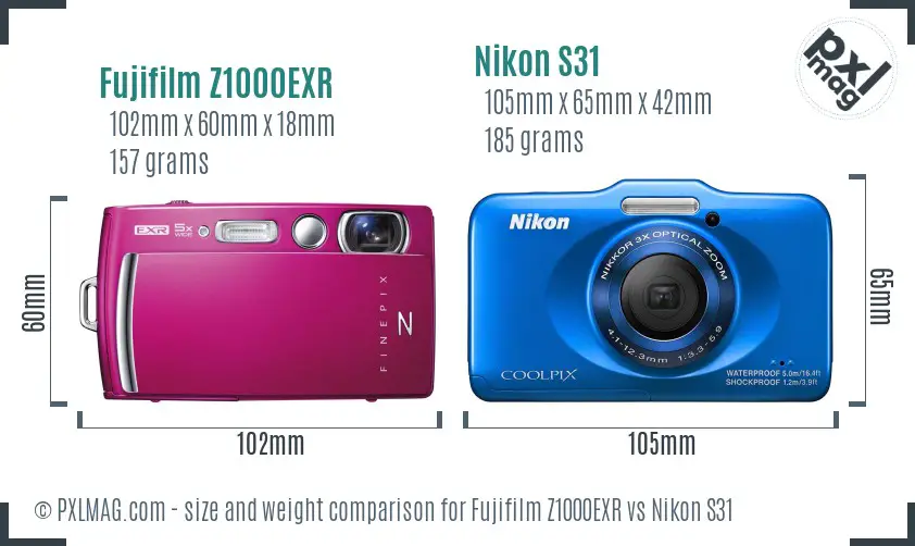Fujifilm Z1000EXR vs Nikon S31 size comparison