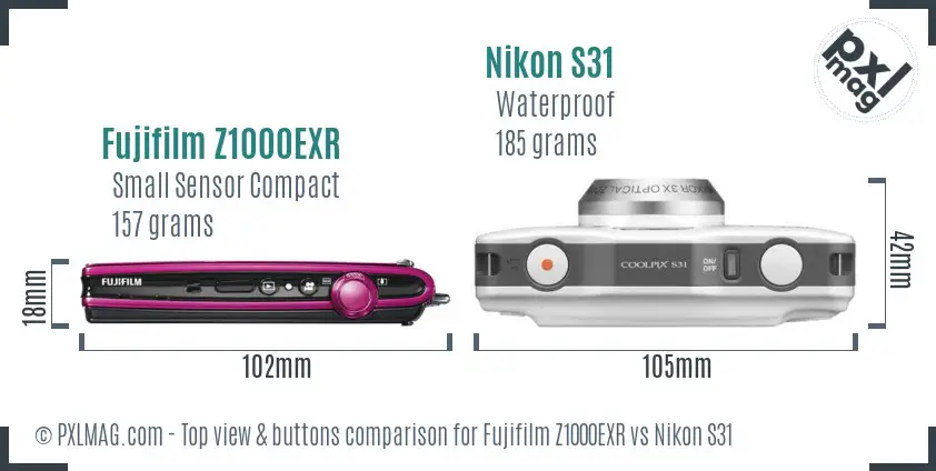 Fujifilm Z1000EXR vs Nikon S31 top view buttons comparison