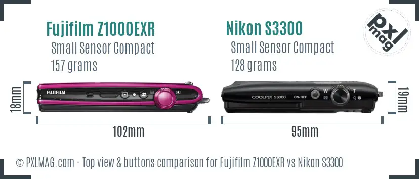 Fujifilm Z1000EXR vs Nikon S3300 top view buttons comparison