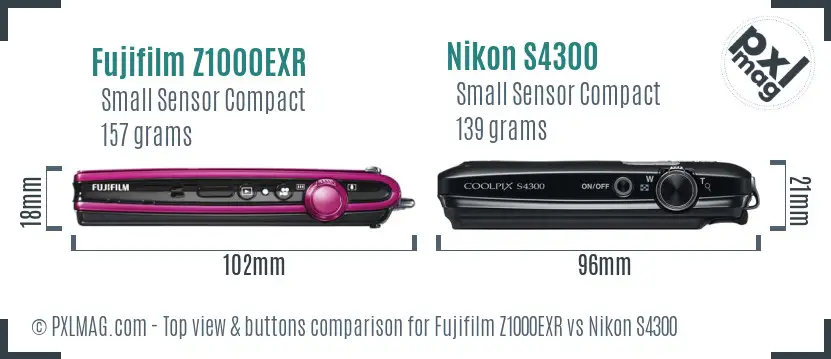 Fujifilm Z1000EXR vs Nikon S4300 top view buttons comparison