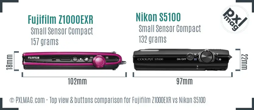 Fujifilm Z1000EXR vs Nikon S5100 top view buttons comparison Fujifilm Z1000EXR vs Nikon S5100 top view buttons comparison