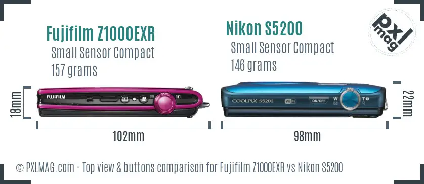 Fujifilm Z1000EXR vs Nikon S5200 top view buttons comparison