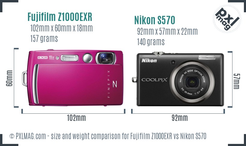 Fujifilm Z1000EXR vs Nikon S570 size comparison