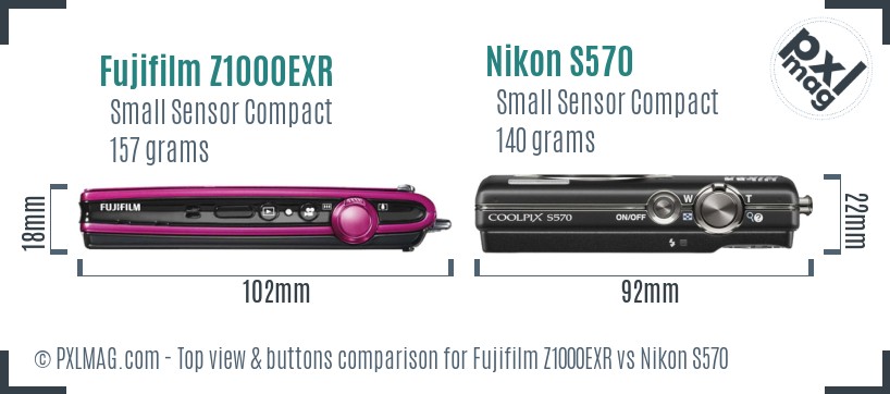 Fujifilm Z1000EXR vs Nikon S570 top view buttons comparison