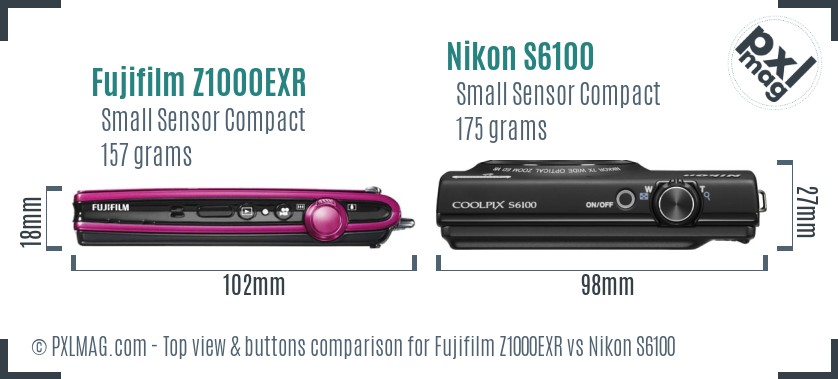 Fujifilm Z1000EXR vs Nikon S6100 top view buttons comparison