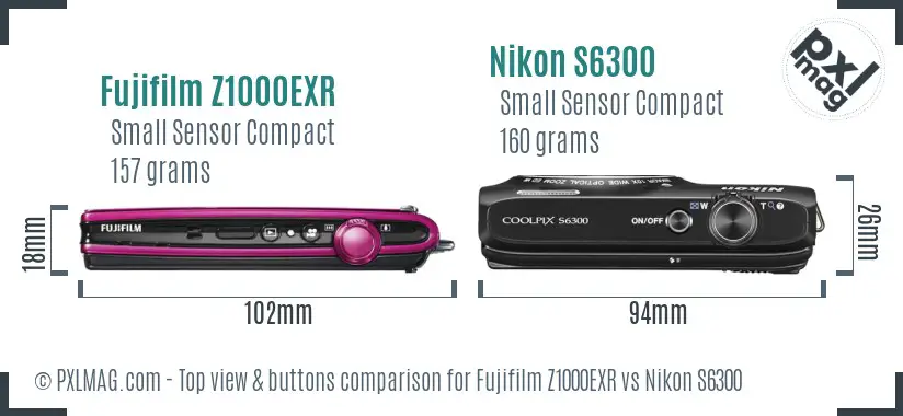 Fujifilm Z1000EXR vs Nikon S6300 top view buttons comparison