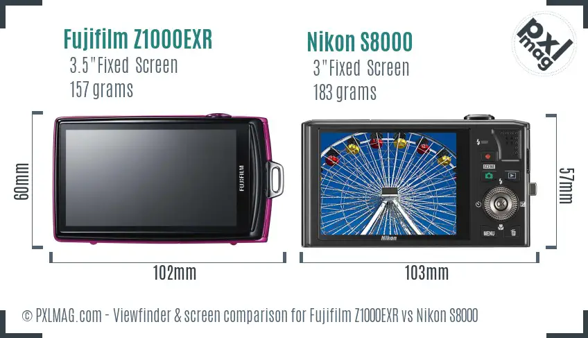 Fujifilm Z1000EXR vs Nikon S8000 Screen and Viewfinder comparison