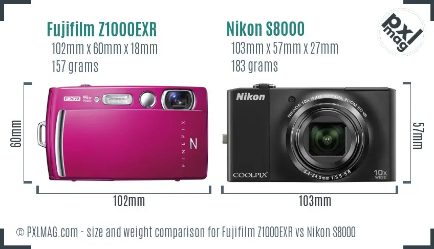Fujifilm Z1000EXR vs Nikon S8000 size comparison