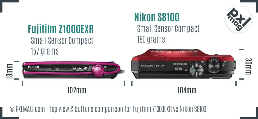 Fujifilm Z1000EXR vs Nikon S8100 top view buttons comparison