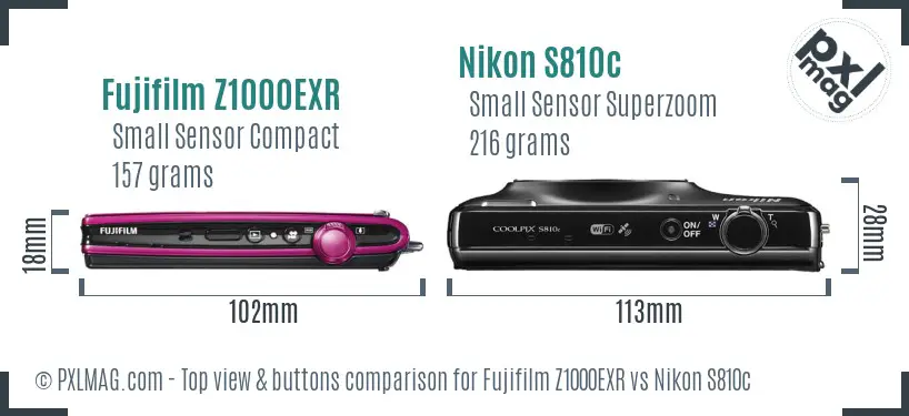 Fujifilm Z1000EXR vs Nikon S810c top view buttons comparison