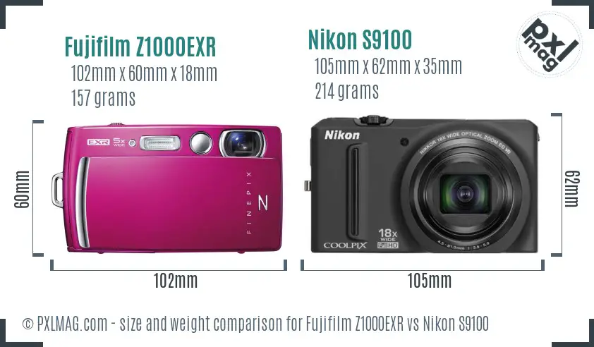 Fujifilm Z1000EXR vs Nikon S9100 size comparison Fujifilm Z1000EXR vs Nikon S9100 size comparison