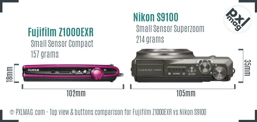 Fujifilm Z1000EXR vs Nikon S9100 top view buttons comparison Fujifilm Z1000EXR vs Nikon S9100 top view buttons comparison