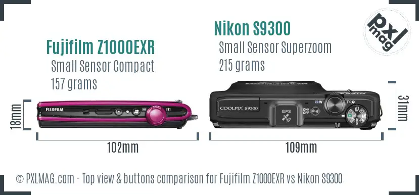 Fujifilm Z1000EXR vs Nikon S9300 top view buttons comparison