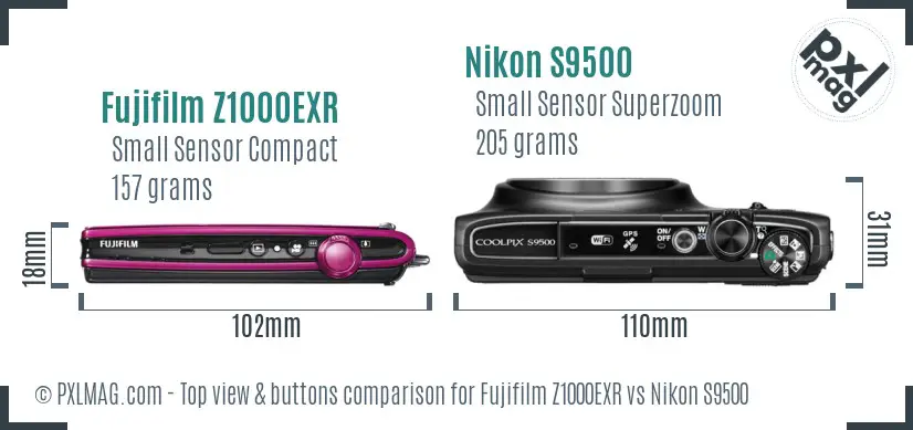 Fujifilm Z1000EXR vs Nikon S9500 top view buttons comparison