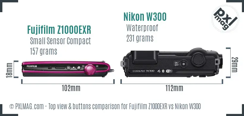 Fujifilm Z1000EXR vs Nikon W300 top view buttons comparison
