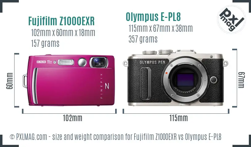 Fujifilm Z1000EXR vs Olympus E-PL8 size comparison