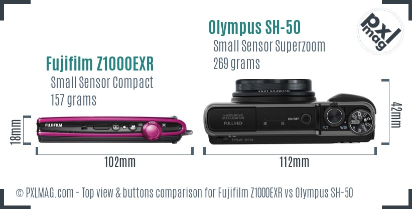 Fujifilm Z1000EXR vs Olympus SH-50 top view buttons comparison